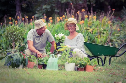 Team members discussing anti-slavery policy in a garden setting