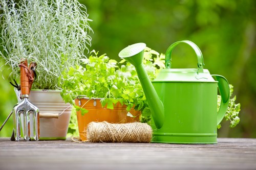 A close-up view of a garden windowsill or outdoor table displaying gardening tools and plants, including a green metal watering can with a long spout, a terracotta pot with lush green foliage, a white painted terracotta pot with a delicate, airy plant, a small gardening fork with a wooden handle, and a coiled piece of twine, set against a blurred background of vibrant green foliage indicating an outdoor garden environment. The scene captures a neat arrangement of gardening essentials, highlighting natural tones, fresh greenery, and textured surfaces, typical of a well-maintained garden space in Wandsworth, with natural daylight illuminating the scene, reflecting the care and attention of local gardening services.